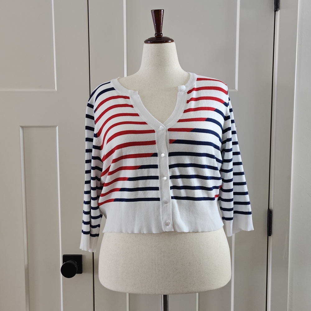 Ashley Stewart Red and Blue Striped Cardigan